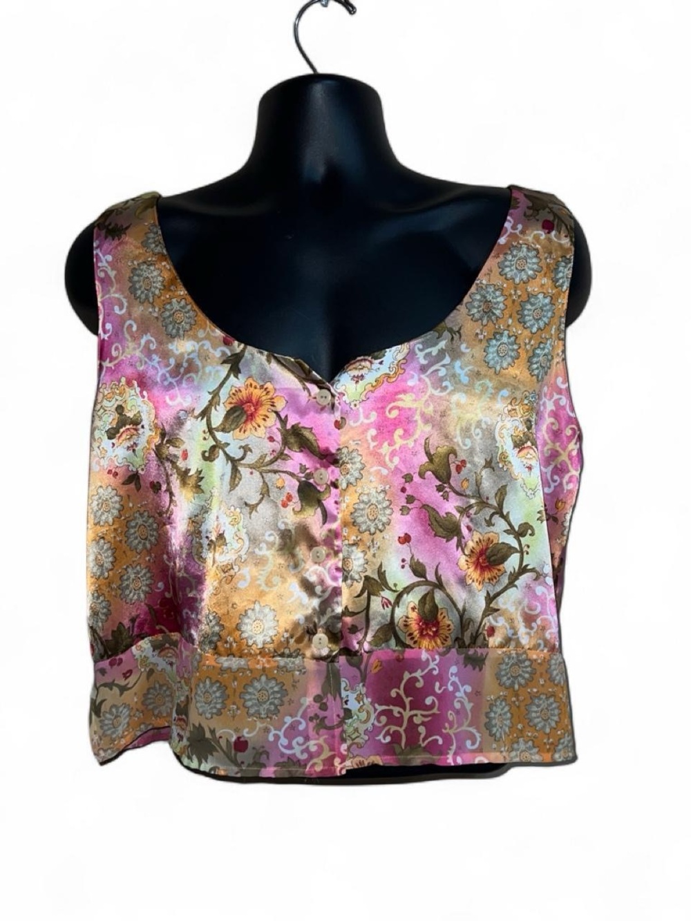 VS Silky Floral Sleeveless Crop Top - Pink & Gold